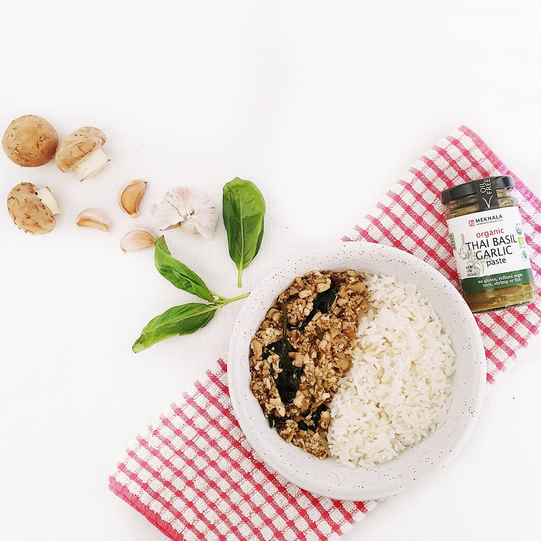 Vegan Thai Basil Garlic Mushroom Tofu Stir Fry